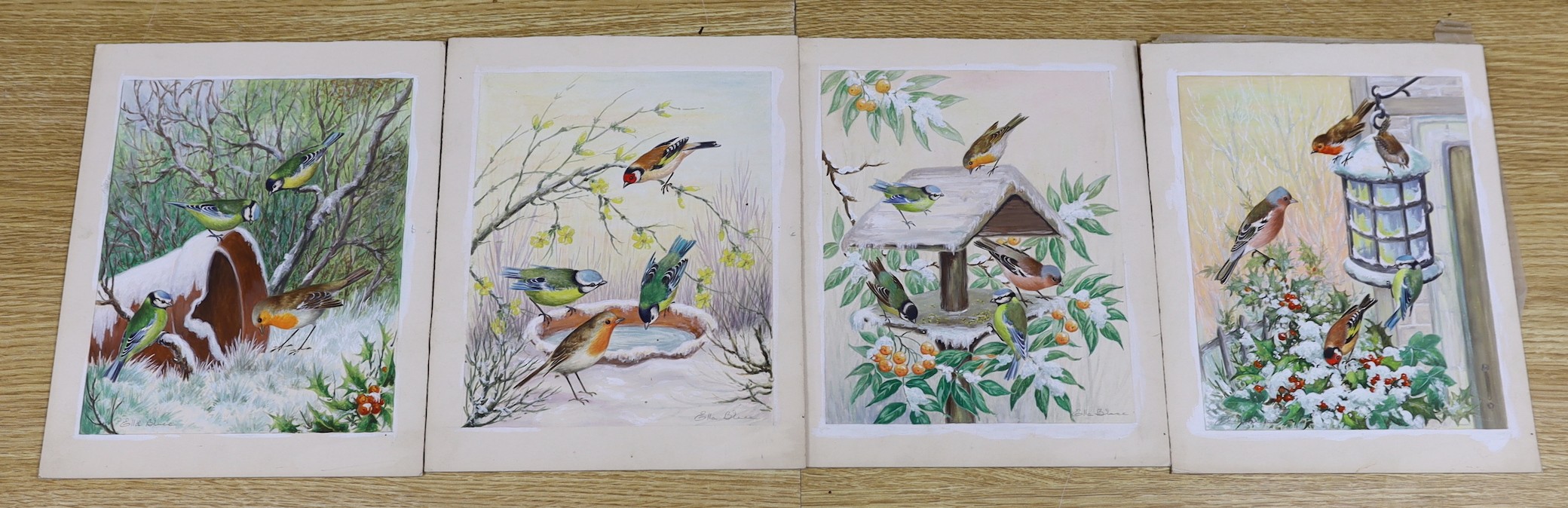 Ella Bruce, (20th century British), four watercolours on card, garden birds, signed, unframed, 23 x 18cm